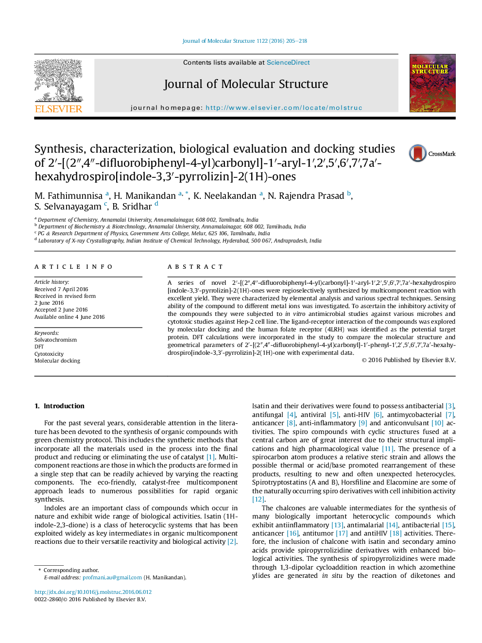 Synthesis, characterization, biological evaluation and docking studies of 2′-[(2″,4″-difluorobiphenyl-4-yl)carbonyl]-1′-aryl-1′,2′,5′,6′,7′,7a′-hexahydrospiro[indole-3,3′-pyrrolizin]-2(1H)-ones