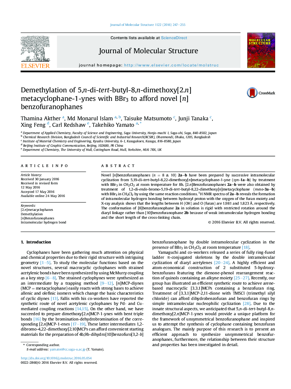 Demethylation of 5,n-di-tert-butyl-8,n-dimethoxy[2.n]metacyclophane-1-ynes with BBr3 to afford novel [n]benzofuranophanes