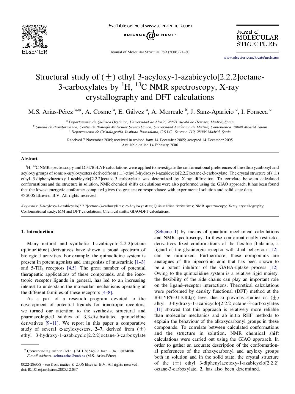 Structural study of (Â±) ethyl 3-acyloxy-1-azabicyclo[2.2.2]octane-3-carboxylates by 1H, 13C NMR spectroscopy, X-ray crystallography and DFT calculations