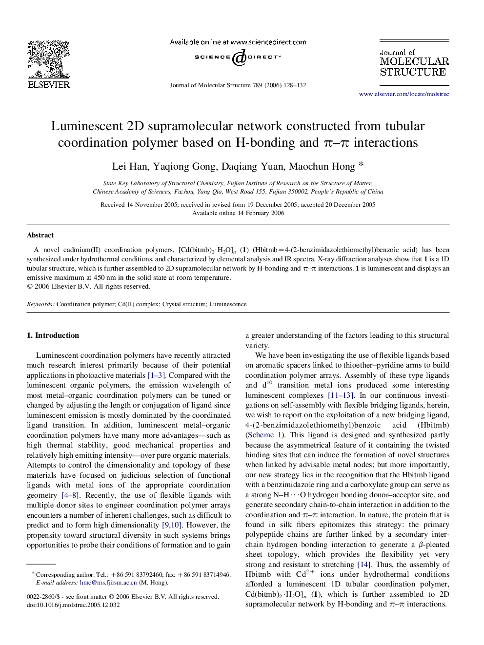 Luminescent 2D supramolecular network constructed from tubular coordination polymer based on H-bonding and π–π interactions