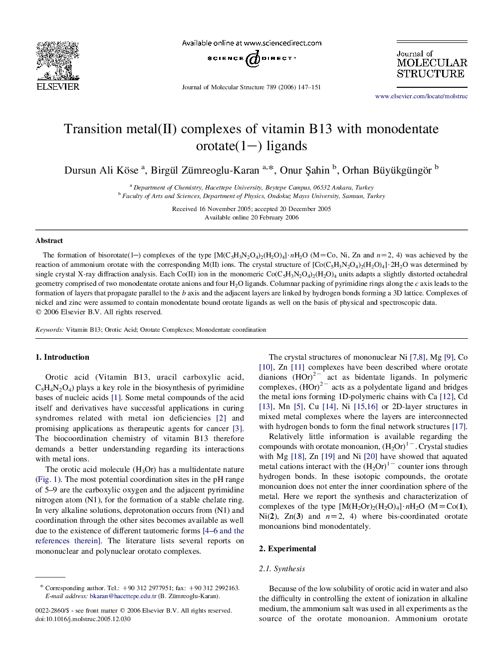 Transition metal(II) complexes of vitamin B13 with monodentate orotate(1−) ligands