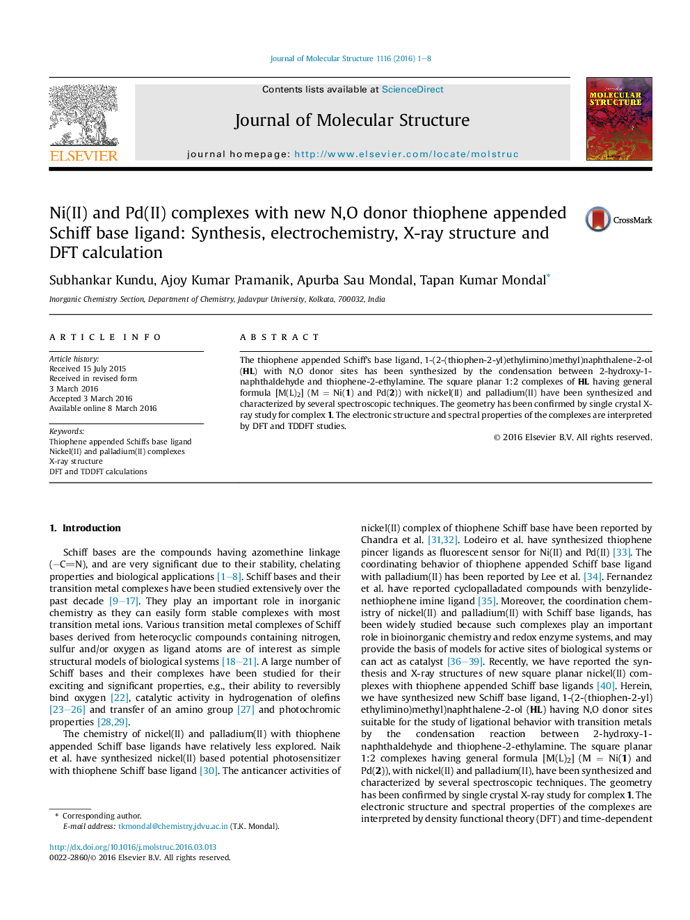 Ni(II) and Pd(II) complexes with new N,O donor thiophene appended Schiff base ligand: Synthesis, electrochemistry, X-ray structure and DFT calculation