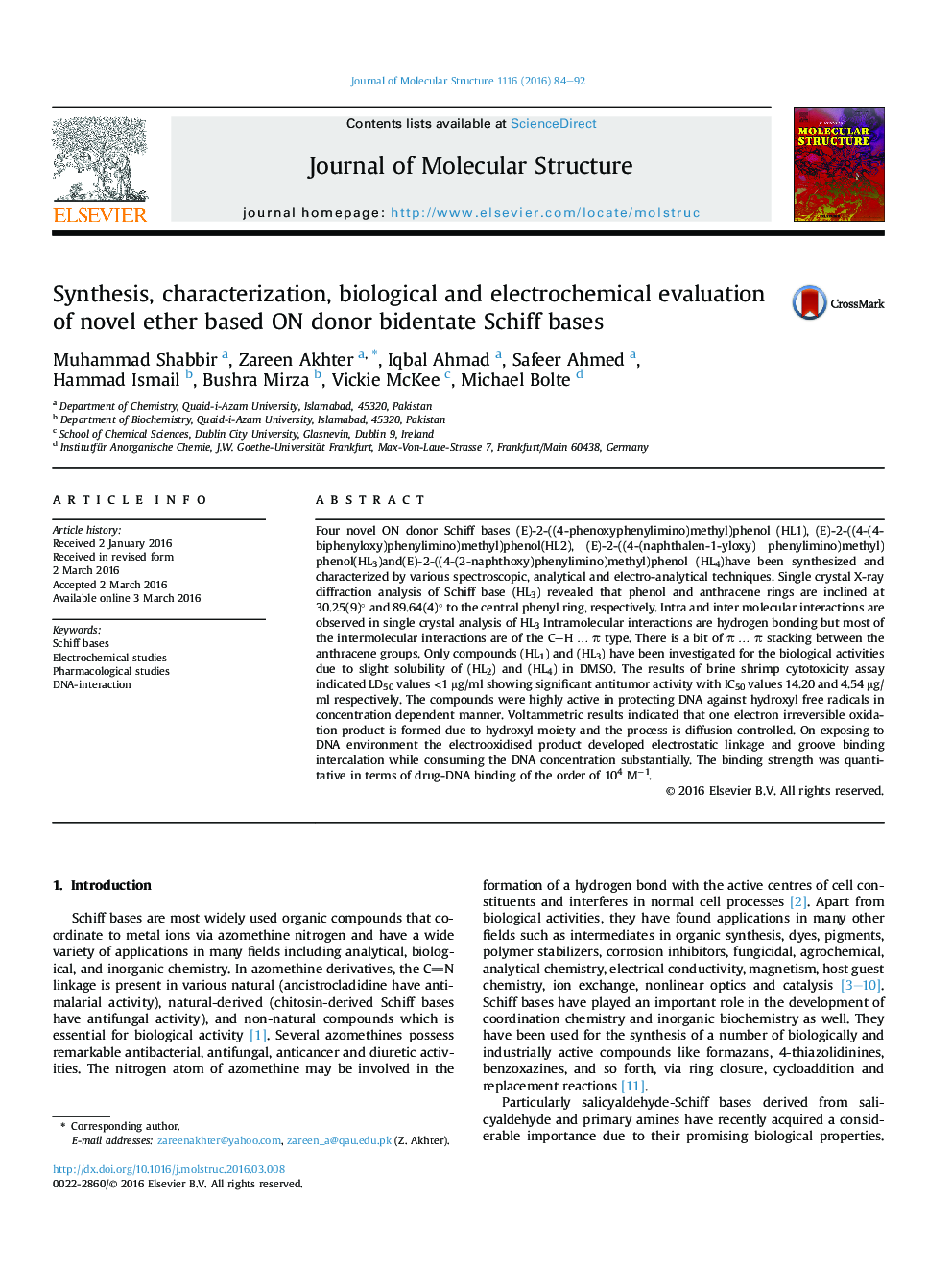 Synthesis, characterization, biological and electrochemical evaluation of novel ether based ON donor bidentate Schiff bases