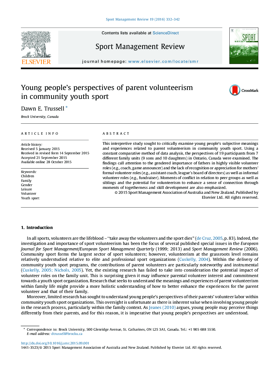 Young people's perspectives of parent volunteerism in community youth sport