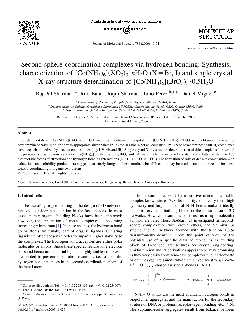 Second-sphere coordination complexes via hydrogen bonding: Synthesis, characterization of [Co(NH3)6](XO3)3·nH2O (X=Br, I) and single crystal X-ray structure determination of [Co(NH3)6](BrO3)3·0.5H2O