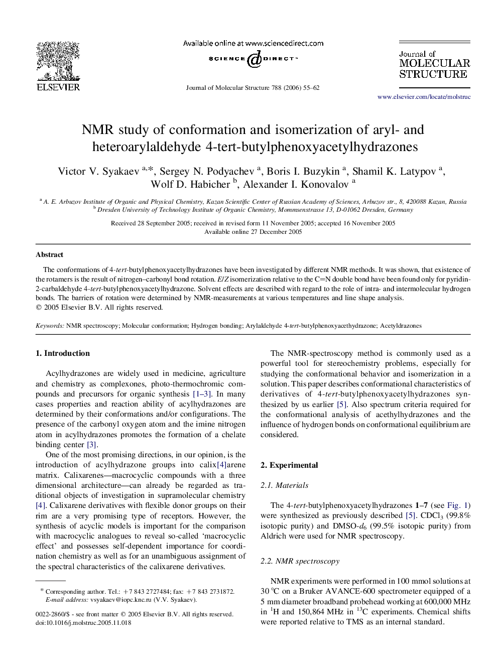 NMR study of conformation and isomerization of aryl- and heteroarylaldehyde 4-tert-butylphenoxyacetylhydrazones