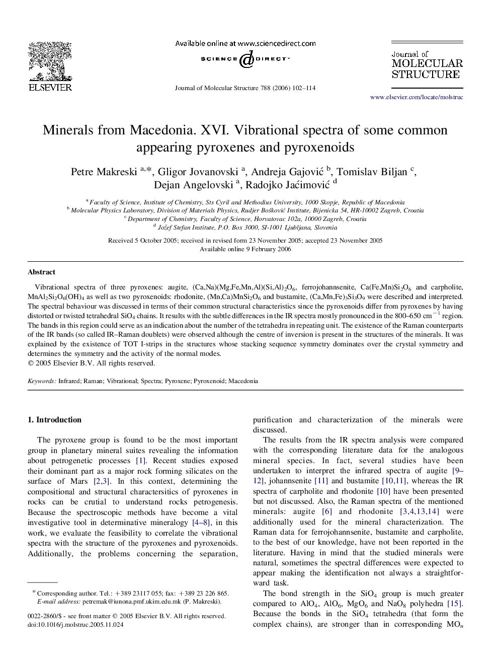 Minerals from Macedonia. XVI. Vibrational spectra of some common appearing pyroxenes and pyroxenoids