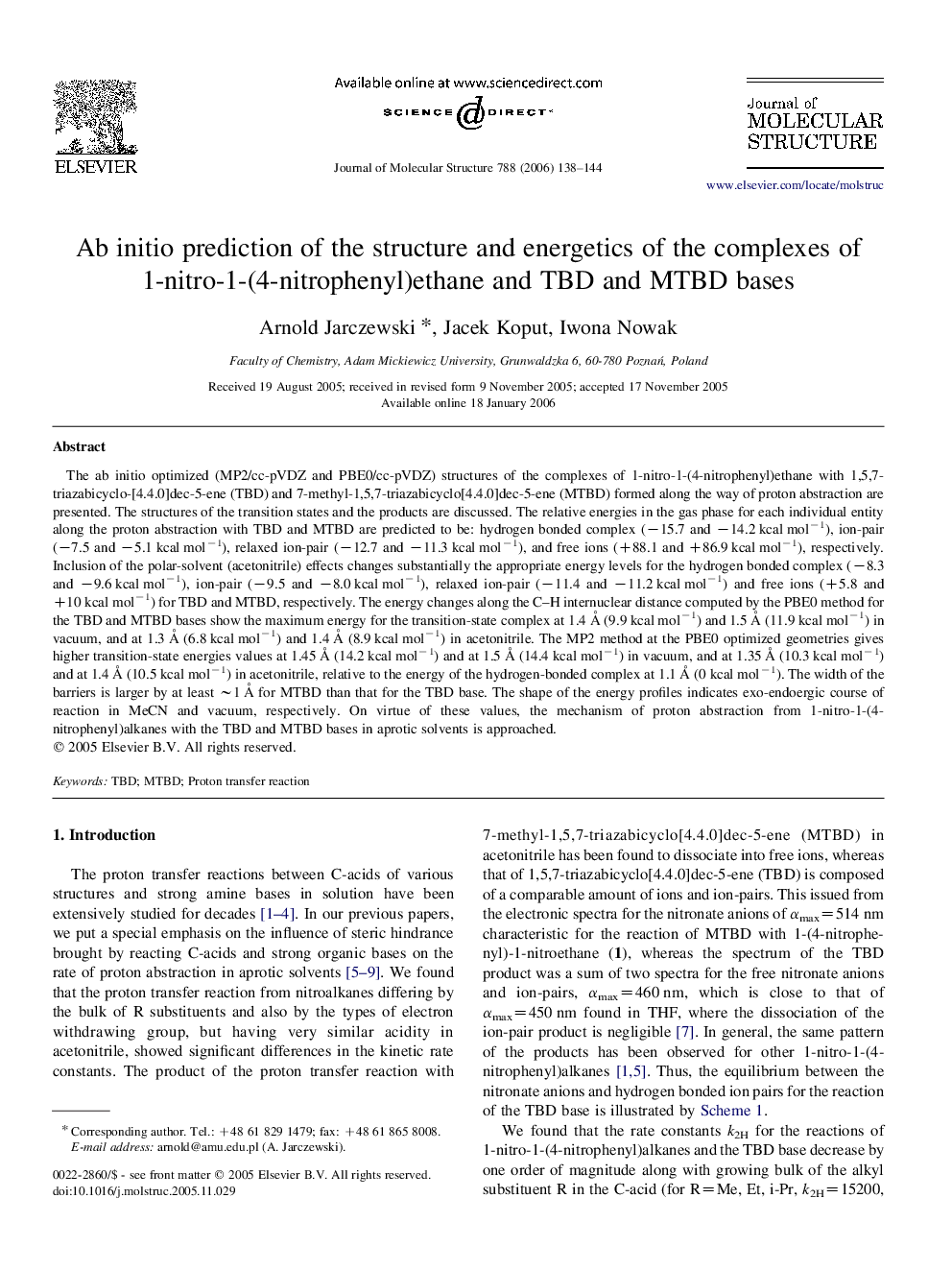 Ab initio prediction of the structure and energetics of the complexes of 1-nitro-1-(4-nitrophenyl)ethane and TBD and MTBD bases