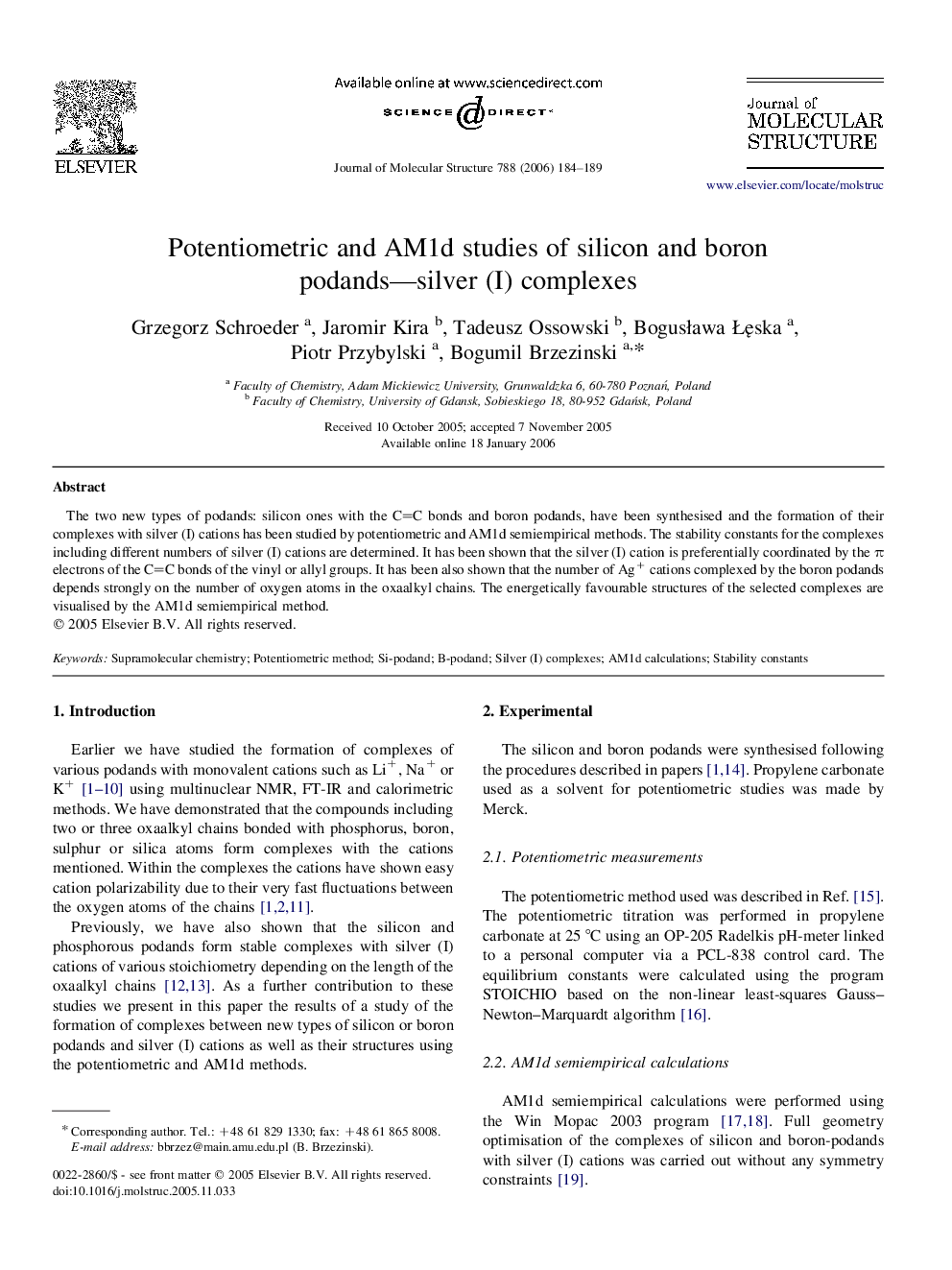 Potentiometric and AM1d studies of silicon and boron podands-silver (I) complexes