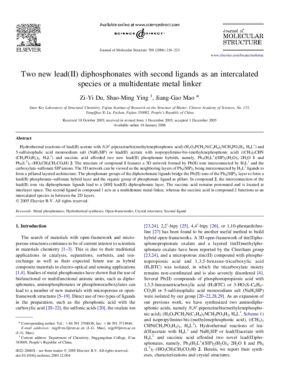 Two new lead(II) diphosphonates with second ligands as an intercalated species or a multidentate metal linker