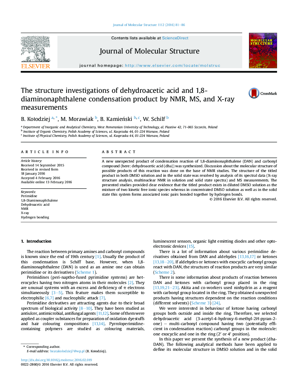 تحقیقات ساختار دهیدرواستیک اسید و محصول چگالش 1،8-diaminonaphthalene توسط NMR، MS، و اندازه گیری اشعه ایکس 