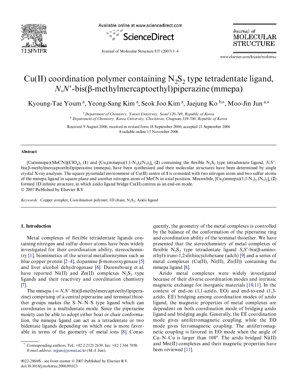 Cu(II) coordination polymer containing N2S2 type tetradentate ligand, N,Nâ²-bis(Î²-methylmercaptoethyl)piperazine (mmepa)