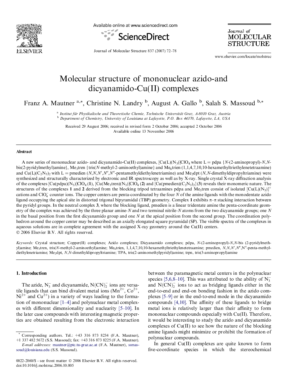 Molecular structure of mononuclear azido- and dicyanamido-Cu(II) complexes