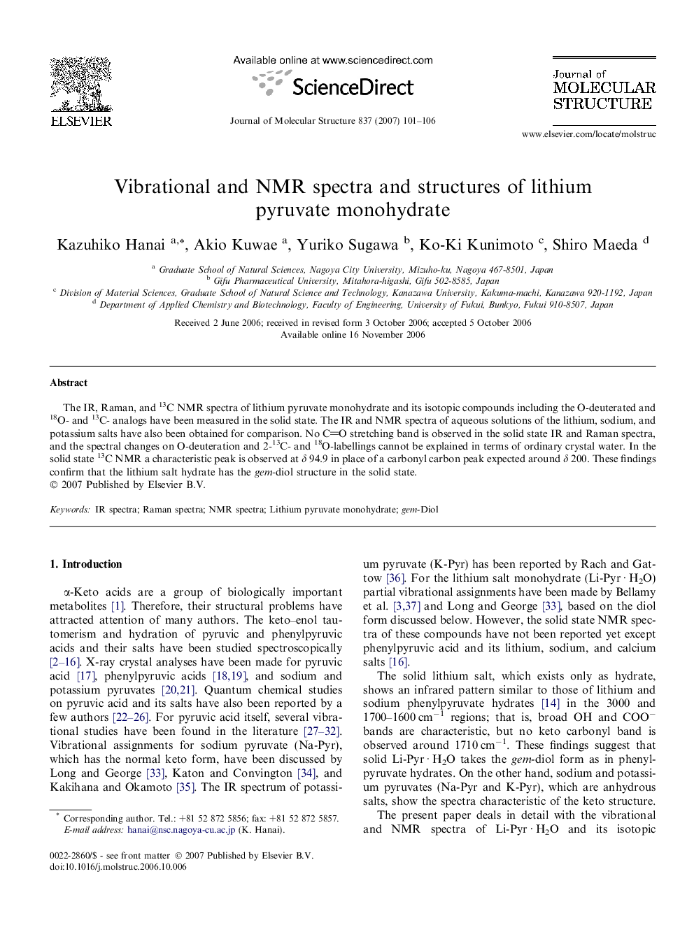 Vibrational and NMR spectra and structures of lithium pyruvate monohydrate