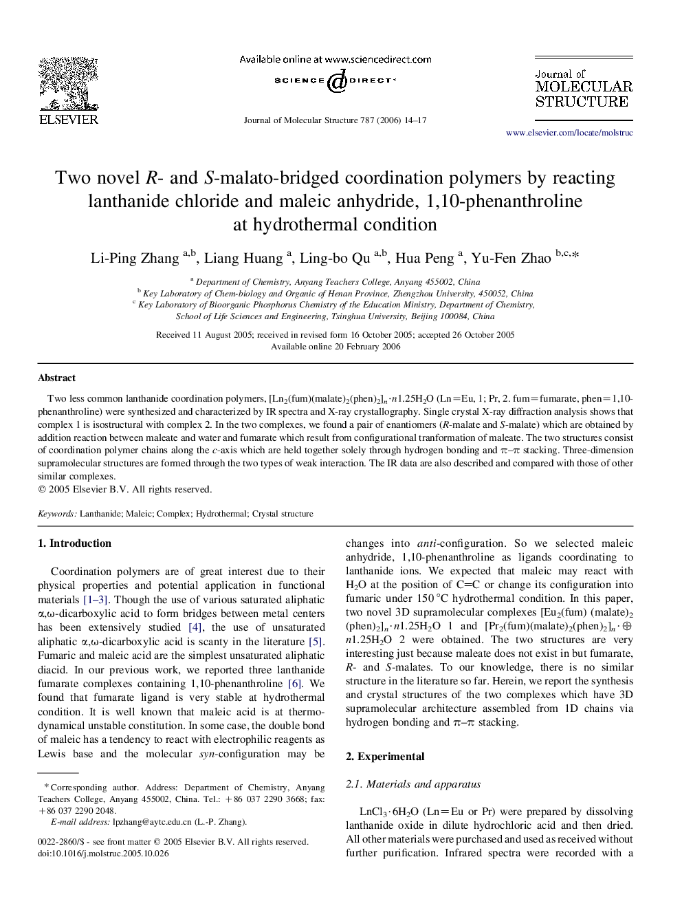 Two novel R- and S-malato-bridged coordination polymers by reacting lanthanide chloride and maleic anhydride, 1,10-phenanthroline at hydrothermal condition