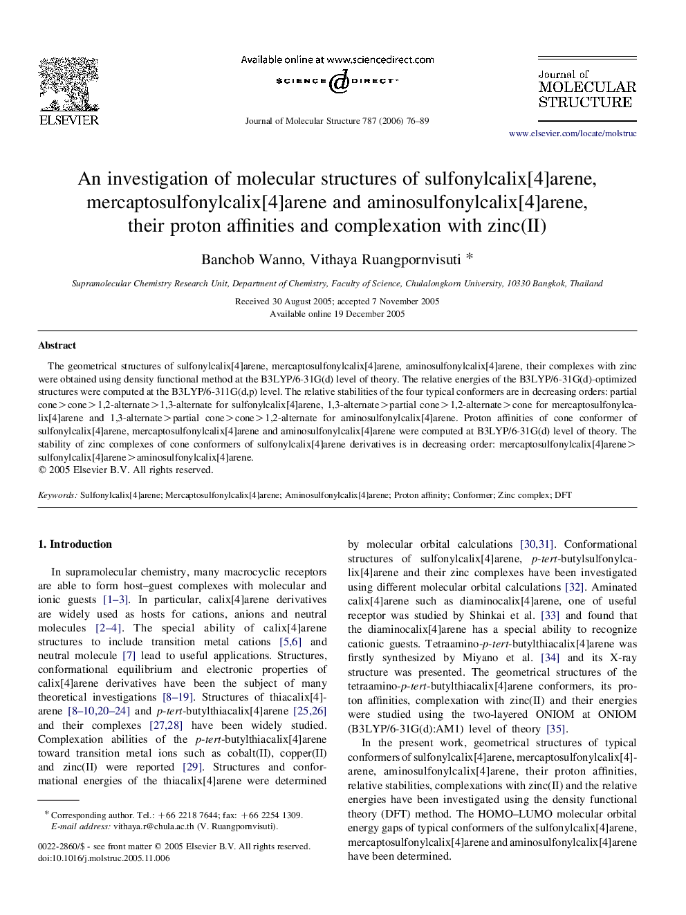 An investigation of molecular structures of sulfonylcalix[4]arene, mercaptosulfonylcalix[4]arene and aminosulfonylcalix[4]arene, their proton affinities and complexation with zinc(II)