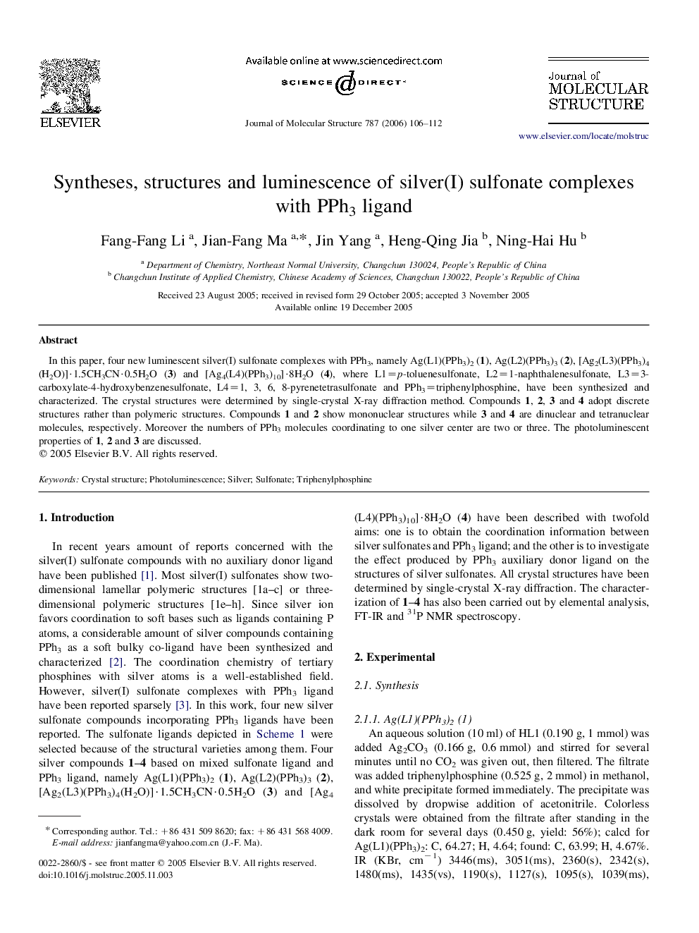 Syntheses, structures and luminescence of silver(I) sulfonate complexes with PPh3 ligand