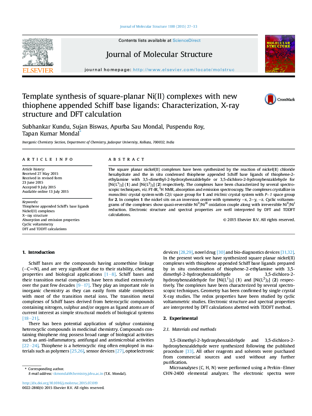 Template synthesis of square-planar Ni(II) complexes with new thiophene appended Schiff base ligands: Characterization, X-ray structure and DFT calculation