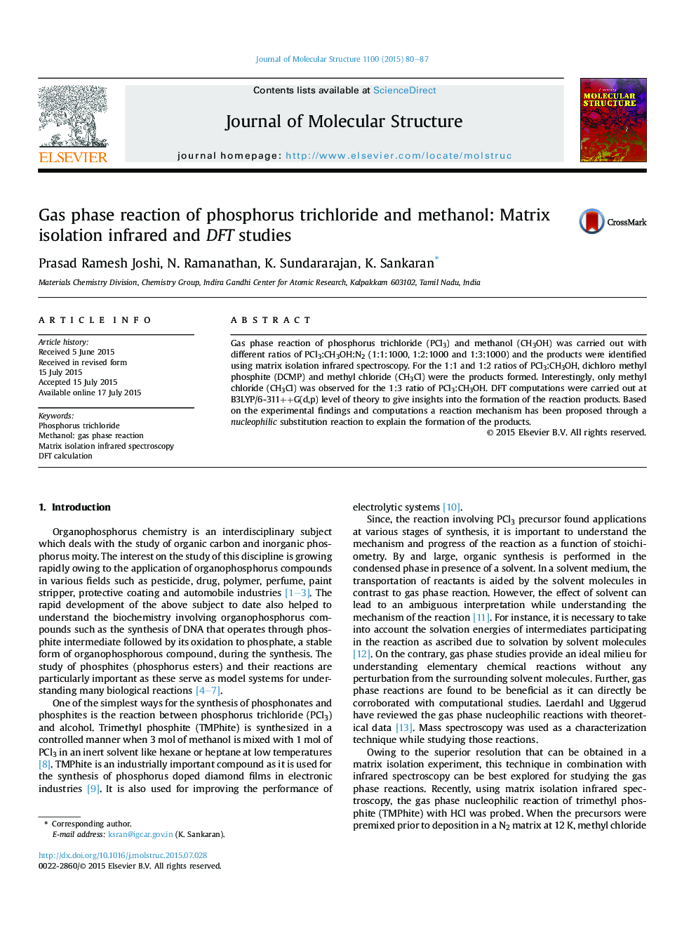 Gas phase reaction of phosphorus trichloride and methanol: Matrix isolation infrared and DFT studies