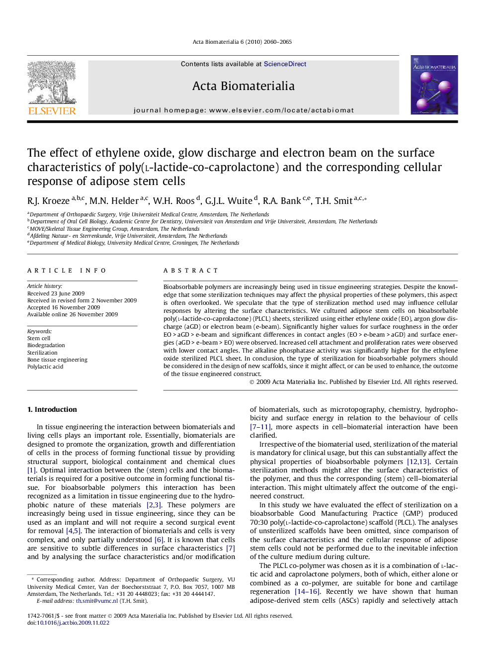 The effect of ethylene oxide, glow discharge and electron beam on the surface characteristics of poly(l-lactide-co-caprolactone) and the corresponding cellular response of adipose stem cells