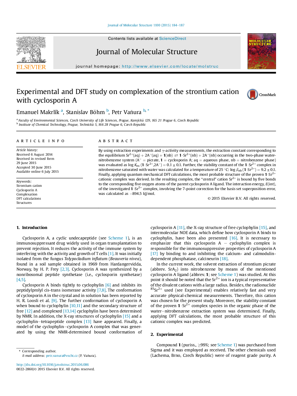 Experimental and DFT study on complexation of the strontium cation with cyclosporin A