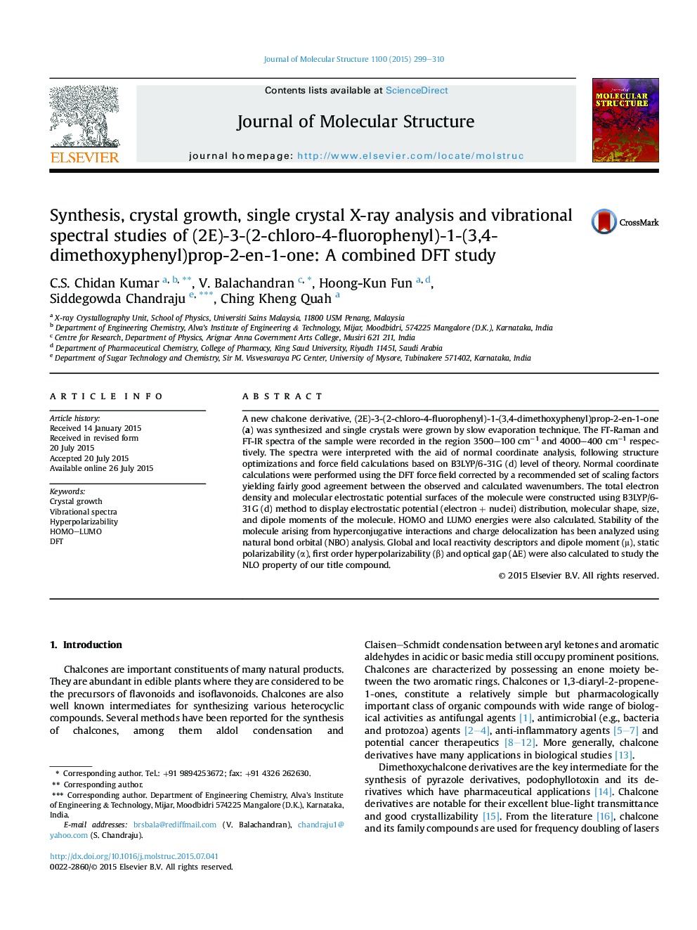 Synthesis, crystal growth, single crystal X-ray analysis and vibrational spectral studies of (2E)-3-(2-chloro-4-fluorophenyl)-1-(3,4-dimethoxyphenyl)prop-2-en-1-one: A combined DFT study