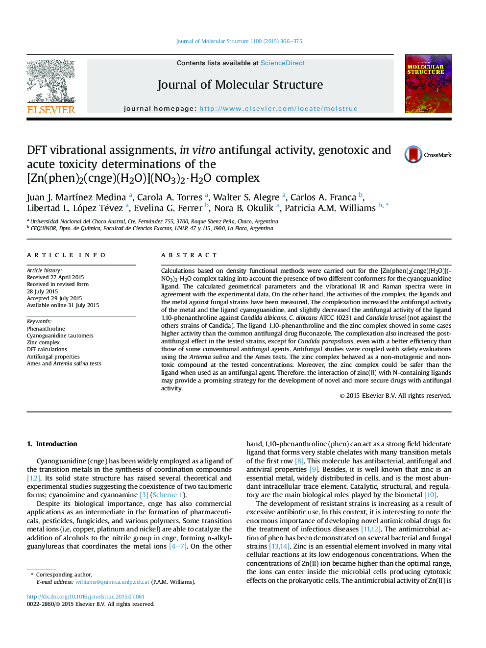 DFT vibrational assignments, in vitro antifungal activity, genotoxic and acute toxicity determinations of the [Zn(phen)2(cnge)(H2O)](NO3)2·H2O complex