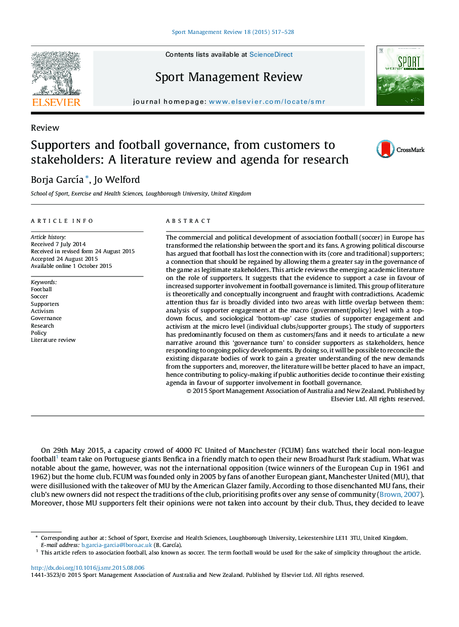 Supporters and football governance, from customers to stakeholders: A literature review and agenda for research