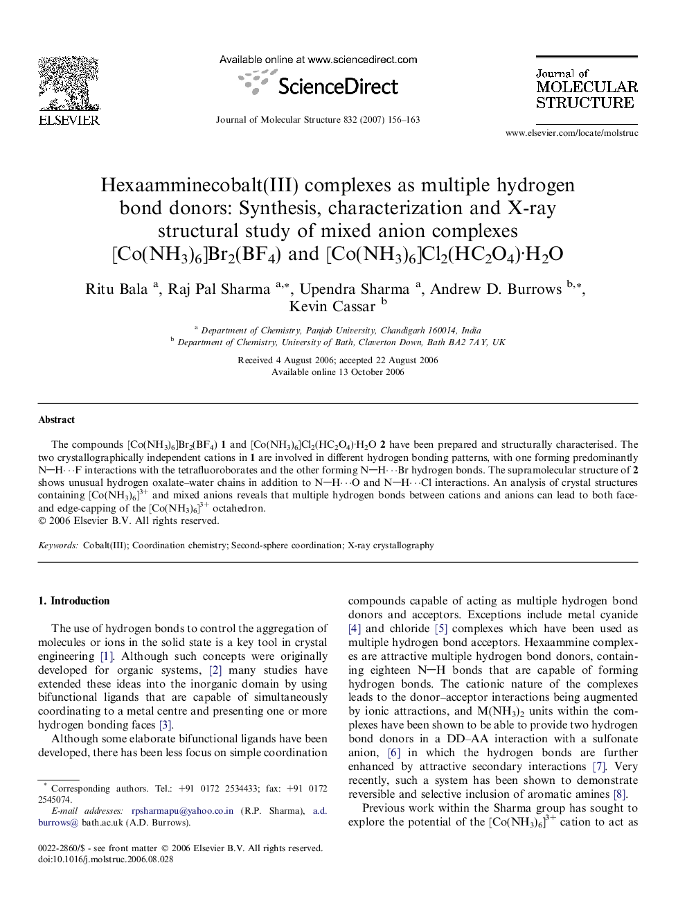 Hexaamminecobalt(III) complexes as multiple hydrogen bond donors: Synthesis, characterization and X-ray structural study of mixed anion complexes [Co(NH3)6]Br2(BF4) and [Co(NH3)6]Cl2(HC2O4)·H2O