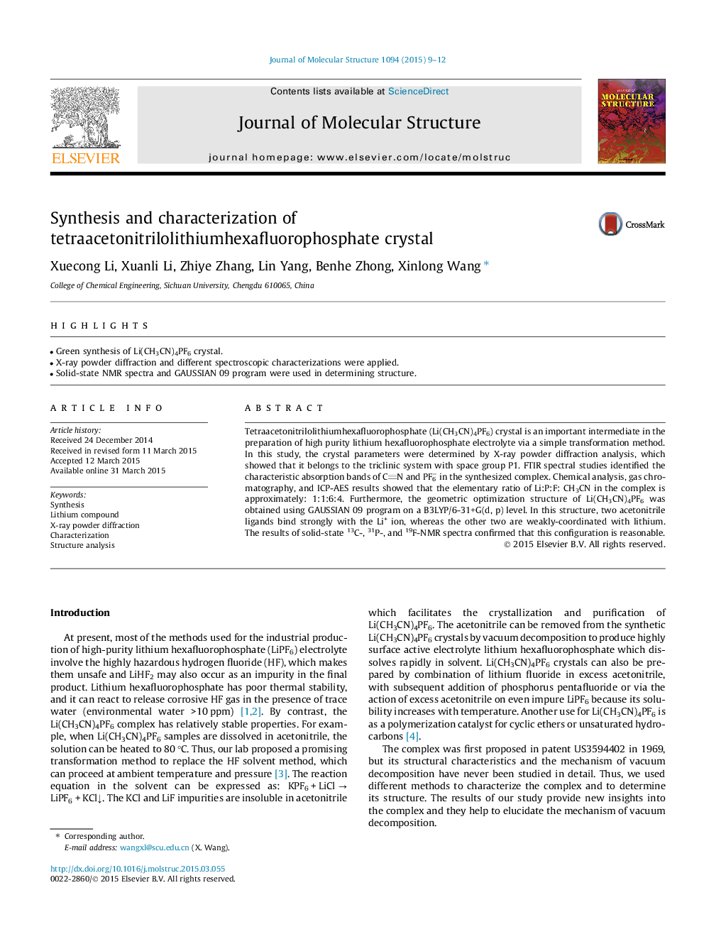 Synthesis and characterization of tetraacetonitrilolithiumhexafluorophosphate crystal