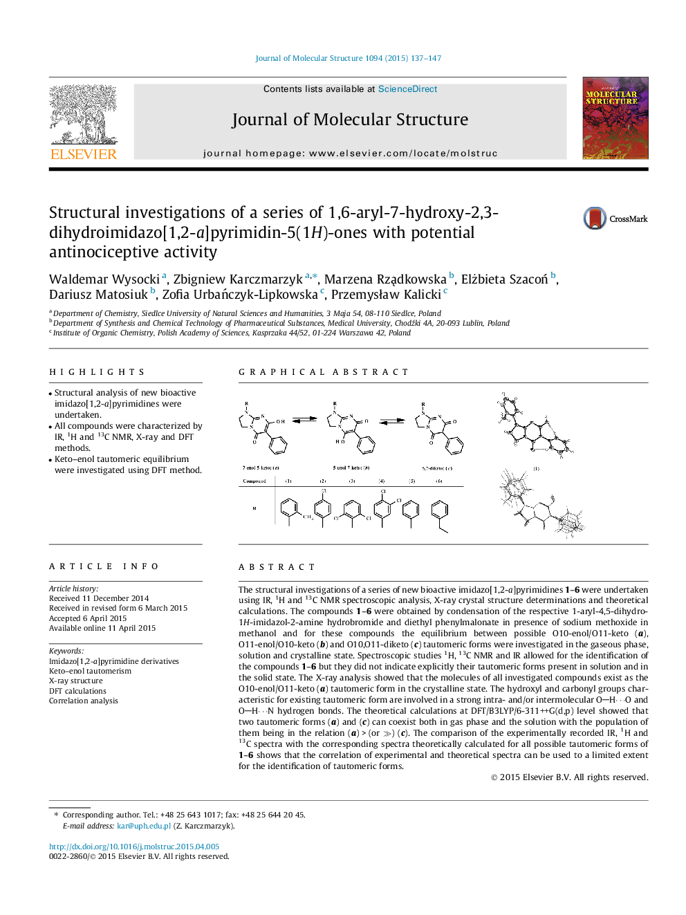 Structural investigations of a series of 1,6-aryl-7-hydroxy-2,3-dihydroimidazo[1,2-a]pyrimidin-5(1H)-ones with potential antinociceptive activity