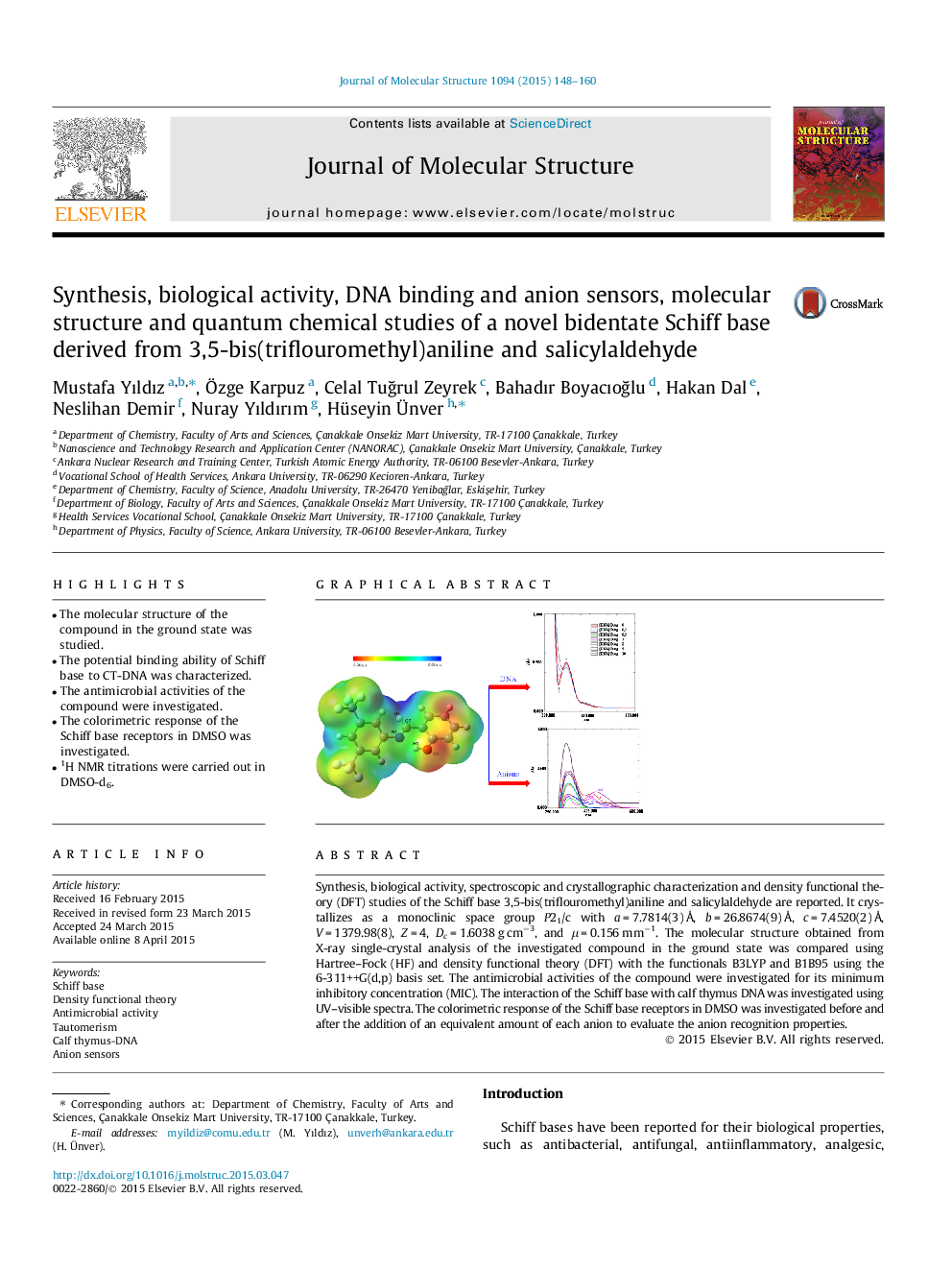 Synthesis, biological activity, DNA binding and anion sensors, molecular structure and quantum chemical studies of a novel bidentate Schiff base derived from 3,5-bis(triflouromethyl)aniline and salicylaldehyde