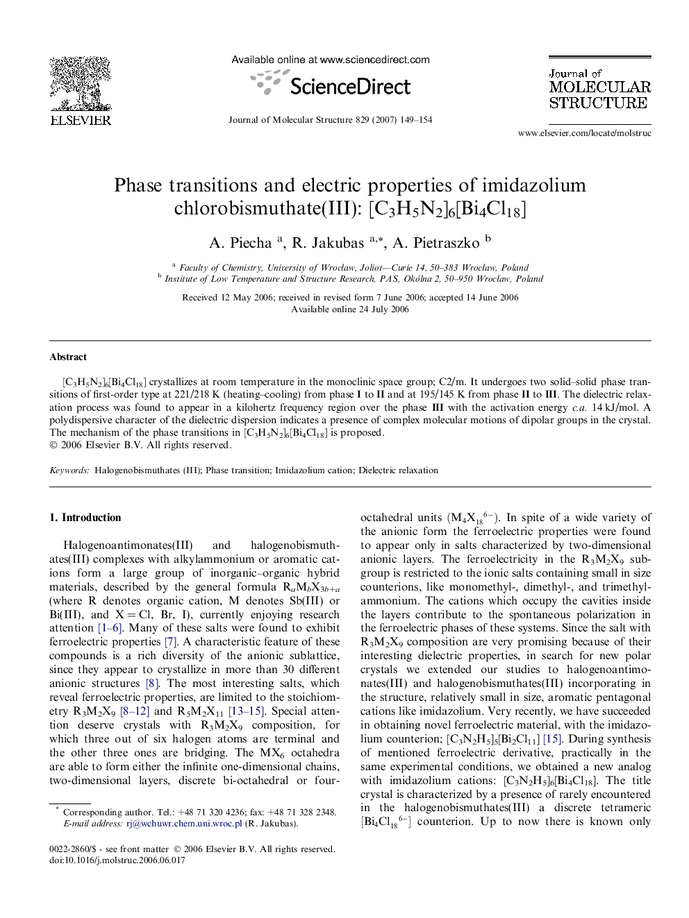 Phase transitions and electric properties of imidazolium chlorobismuthate(III): [C3H5N2]6[Bi4Cl18]