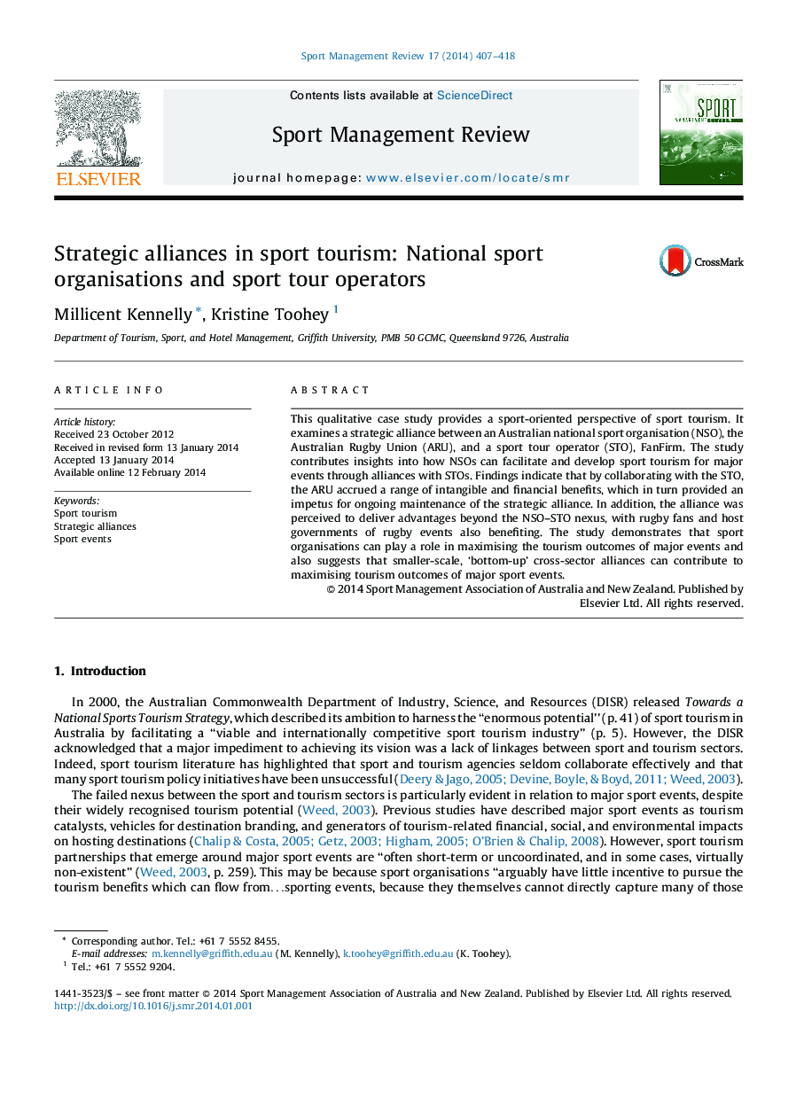 Strategic alliances in sport tourism: National sport organisations and sport tour operators