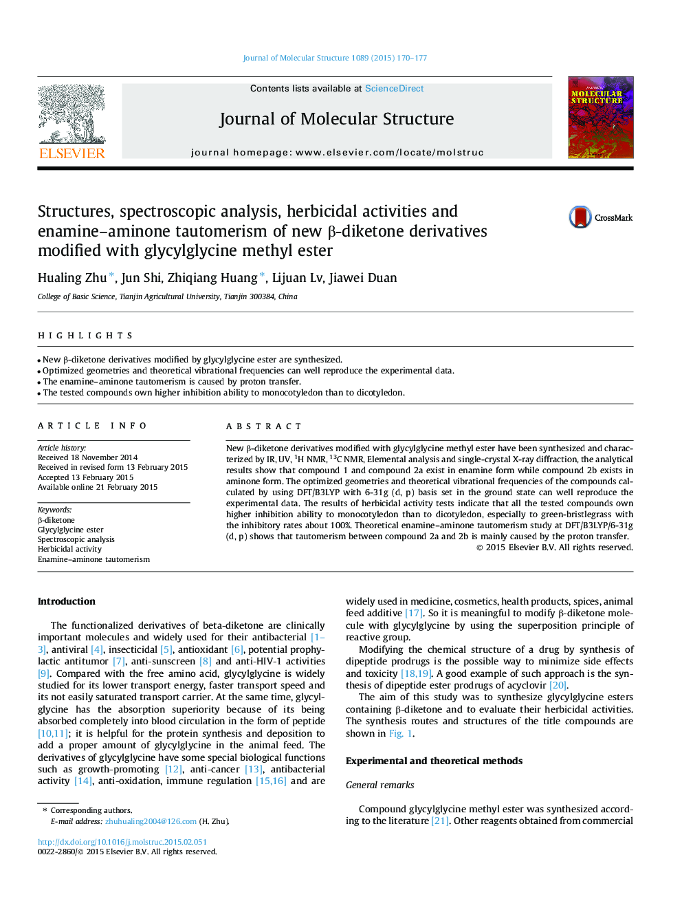 Structures, spectroscopic analysis, herbicidal activities and enamine–aminone tautomerism of new β-diketone derivatives modified with glycylglycine methyl ester