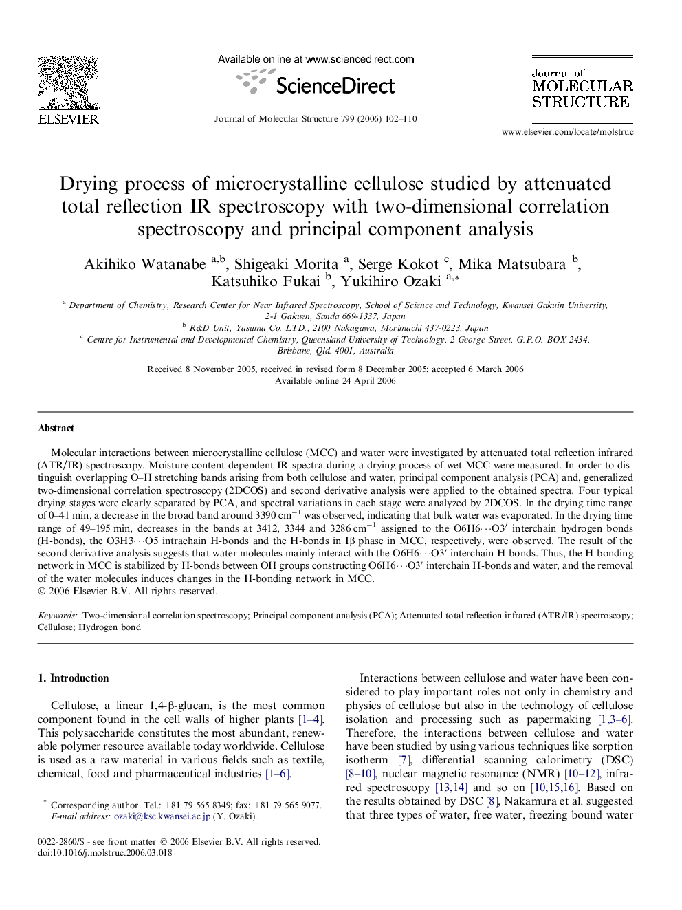 Drying process of microcrystalline cellulose studied by attenuated total reflection IR spectroscopy with two-dimensional correlation spectroscopy and principal component analysis