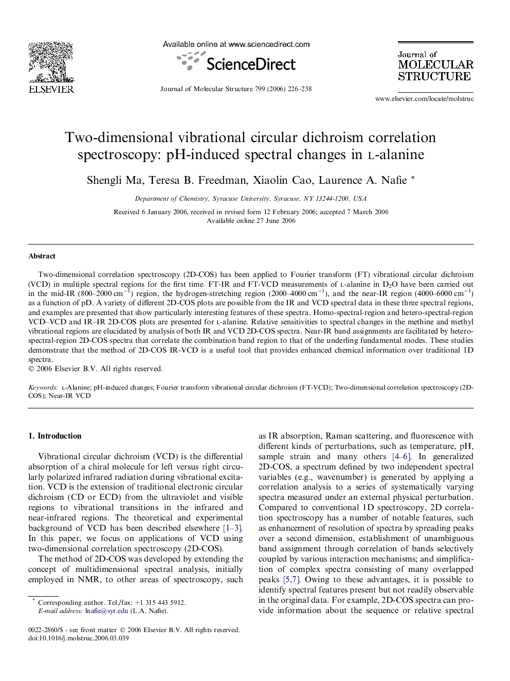 عکس صفحه اول مقاله: Two-dimensional vibrational circular dichroism correlation spectroscopy: pH-induced spectral changes in l-alanine Two-dimensional vibrational circular dichroism correlation spectroscopy: pH-induced spectral changes in l-alanine