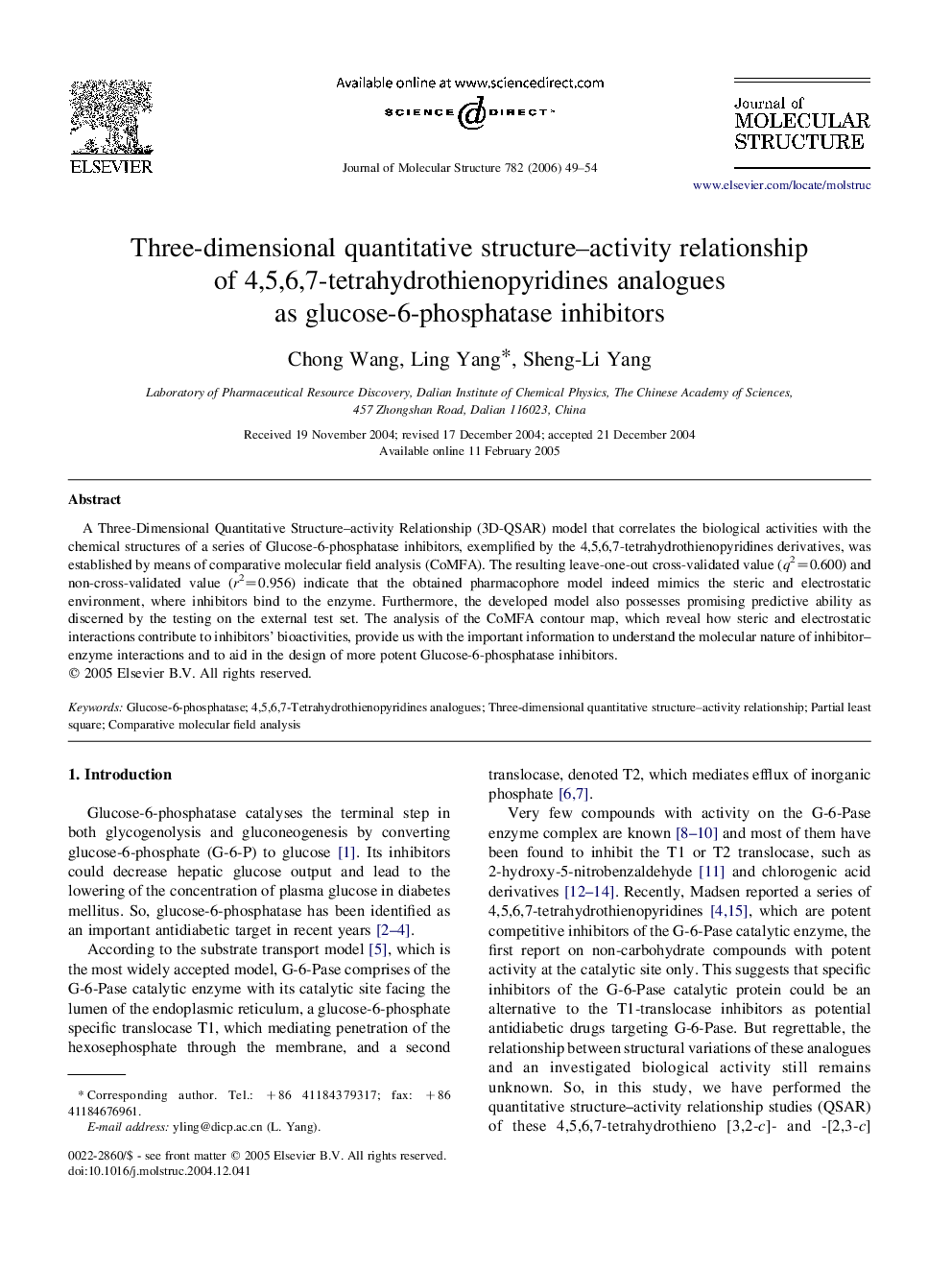 Three-dimensional quantitative structure–activity relationship of 4,5,6,7-tetrahydrothienopyridines analogues as glucose-6-phosphatase inhibitors