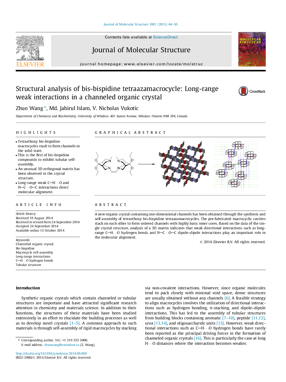 Structural analysis of bis-bispidine tetraazamacrocycle: Long-range weak interactions in a channeled organic crystal