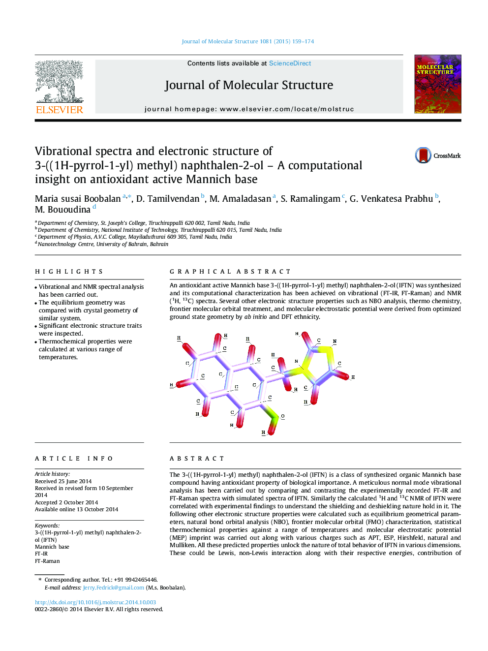 Vibrational spectra and electronic structure of 3-((1H-pyrrol-1-yl) methyl) naphthalen-2-ol – A computational insight on antioxidant active Mannich base