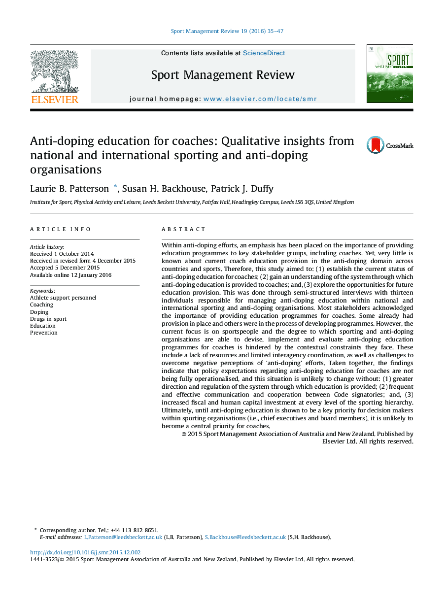 Anti-doping education for coaches: Qualitative insights from national and international sporting and anti-doping organisations