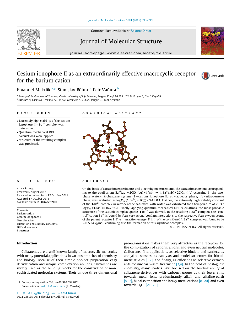 Cesium ionophore II as an extraordinarily effective macrocyclic receptor for the barium cation