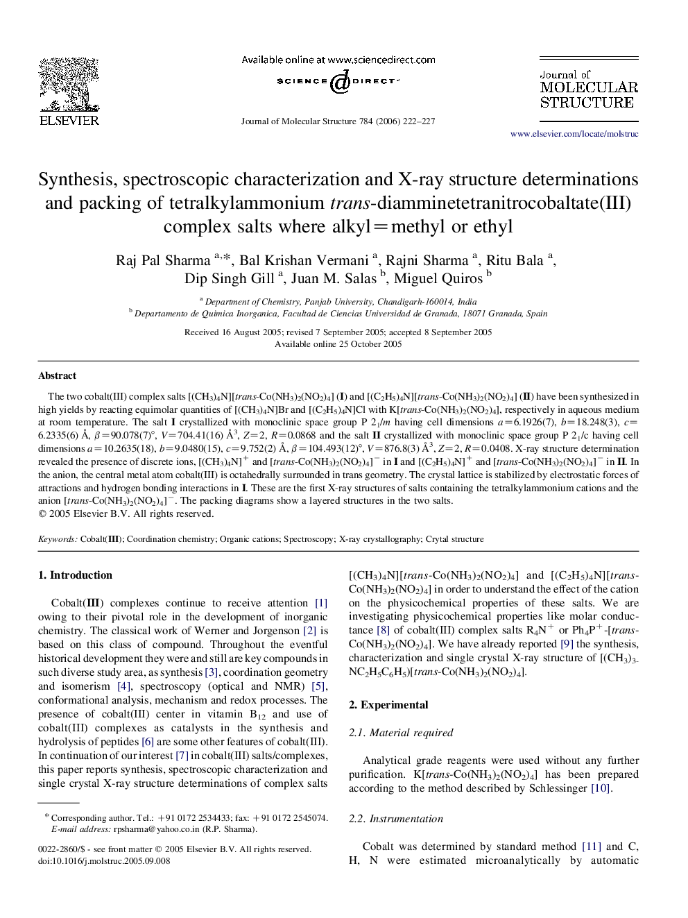 Synthesis, spectroscopic characterization and X-ray structure determinations and packing of tetralkylammonium trans-diamminetetranitrocobaltate(III) complex salts where alkyl=methyl or ethyl