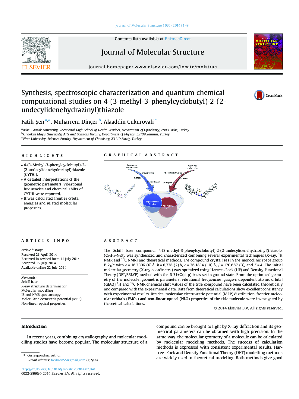 Synthesis, spectroscopic characterization and quantum chemical computational studies on 4-(3-methyl-3-phenylcyclobutyl)-2-(2-undecylidenehydrazinyl)thiazole
