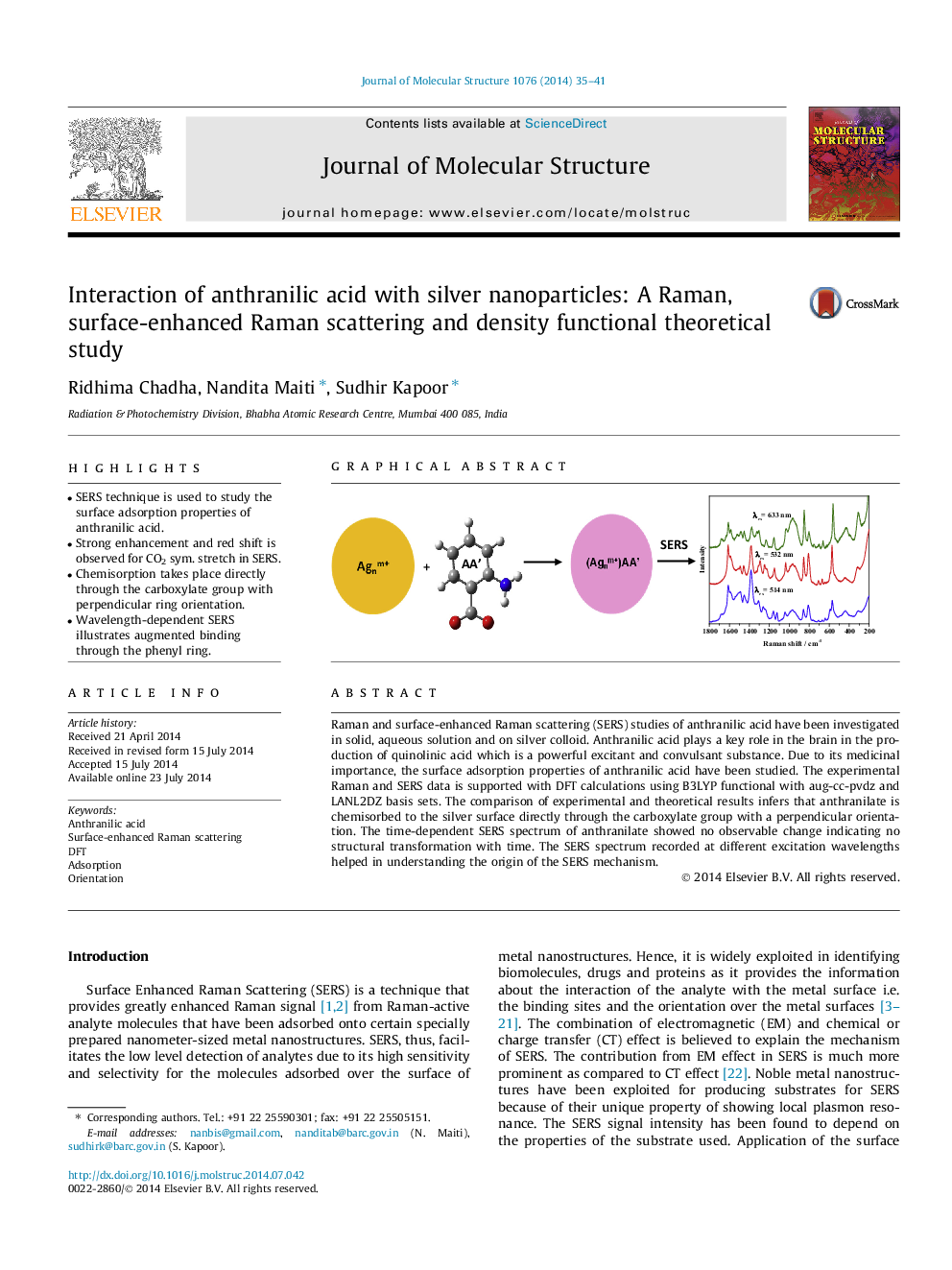 Interaction of anthranilic acid with silver nanoparticles: A Raman, surface-enhanced Raman scattering and density functional theoretical study