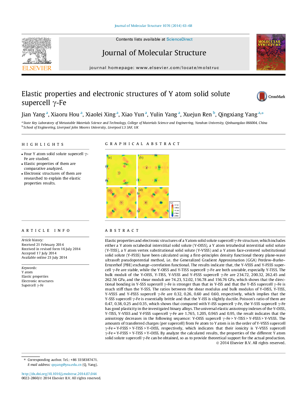 Elastic properties and electronic structures of Y atom solid solute supercell γ-Fe