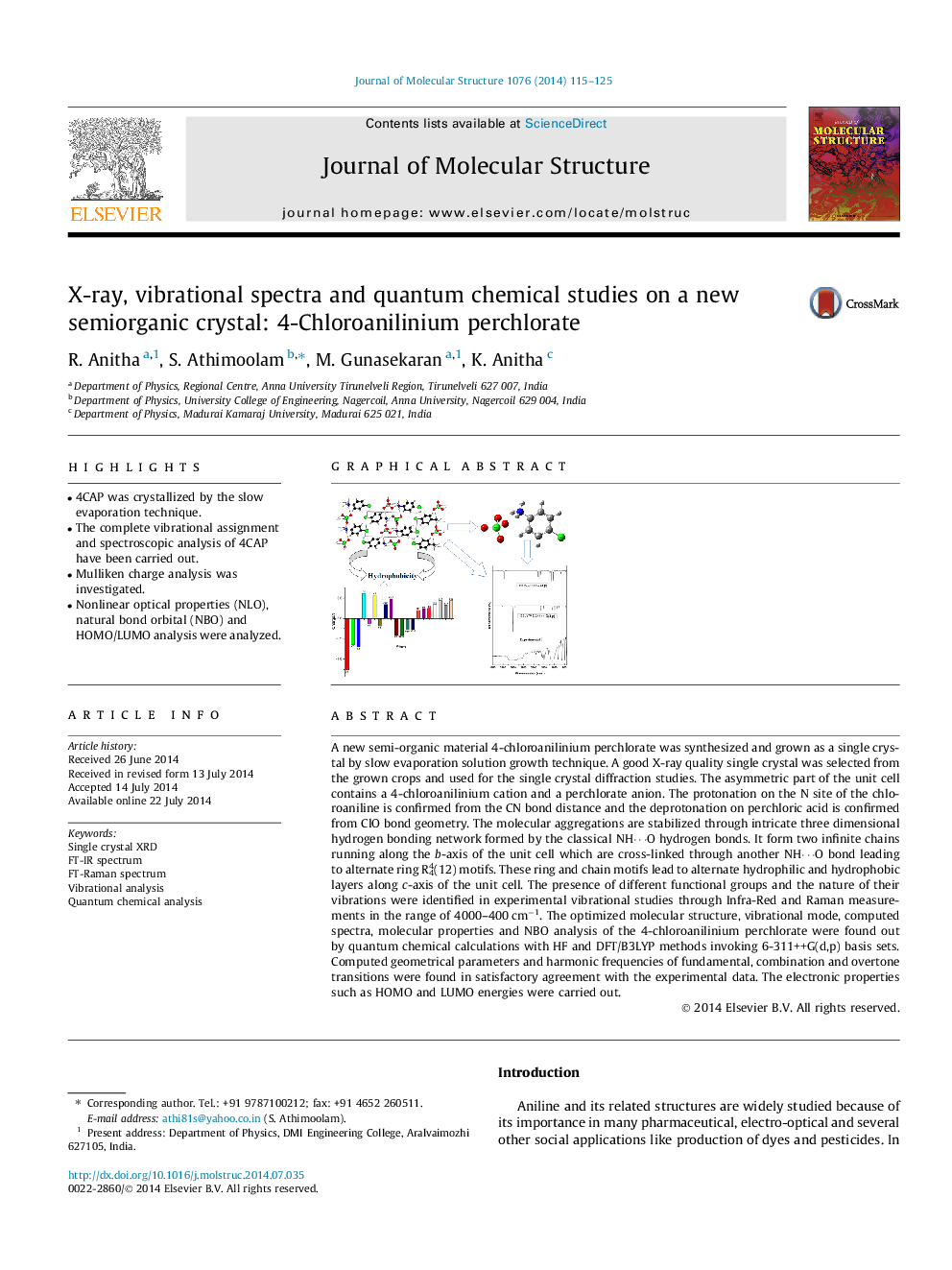 X-ray, vibrational spectra and quantum chemical studies on a new semiorganic crystal: 4-Chloroanilinium perchlorate