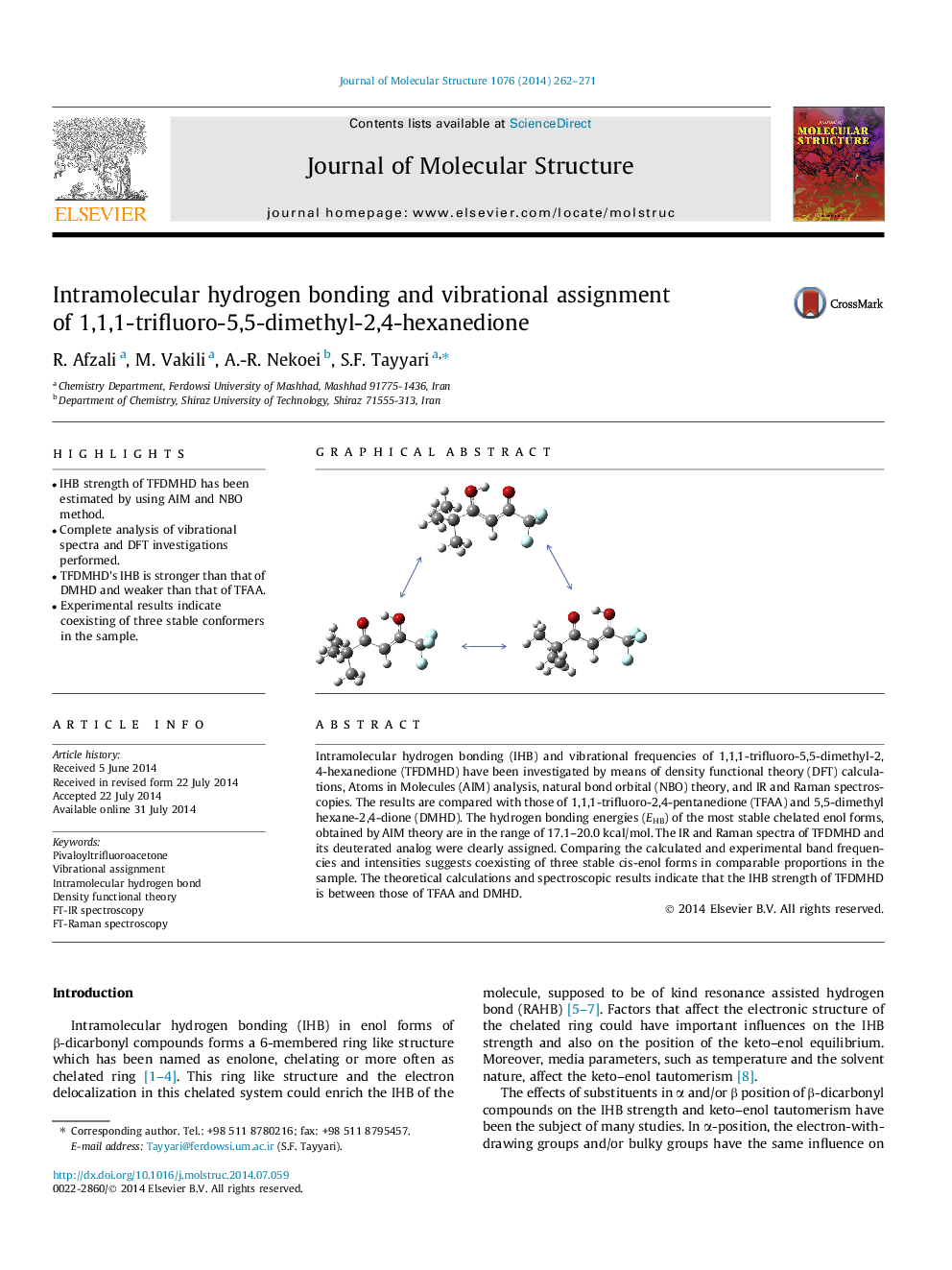 Intramolecular hydrogen bonding and vibrational assignment of 1,1,1-trifluoro-5,5-dimethyl-2,4-hexanedione
