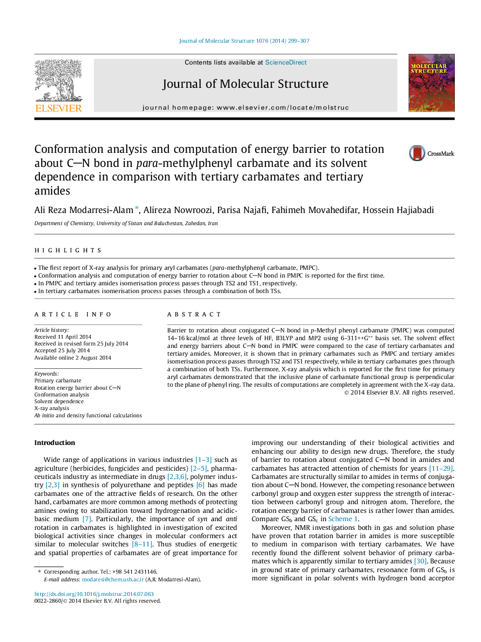 Conformation analysis and computation of energy barrier to rotation about CN bond in para-methylphenyl carbamate and its solvent dependence in comparison with tertiary carbamates and tertiary amides