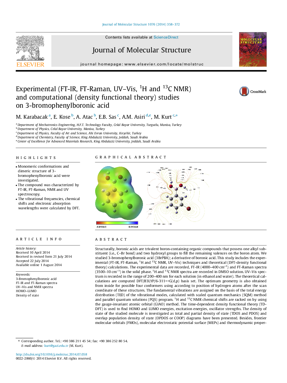 Experimental (FT-IR, FT-Raman, UV–Vis, 1H and 13C NMR) and computational (density functional theory) studies on 3-bromophenylboronic acid